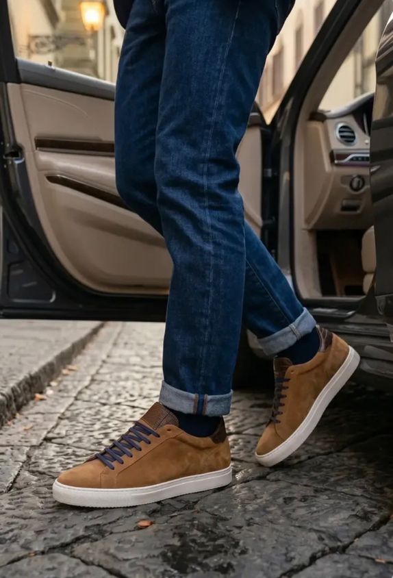Jasperosso model walking, wearing leather sneakers