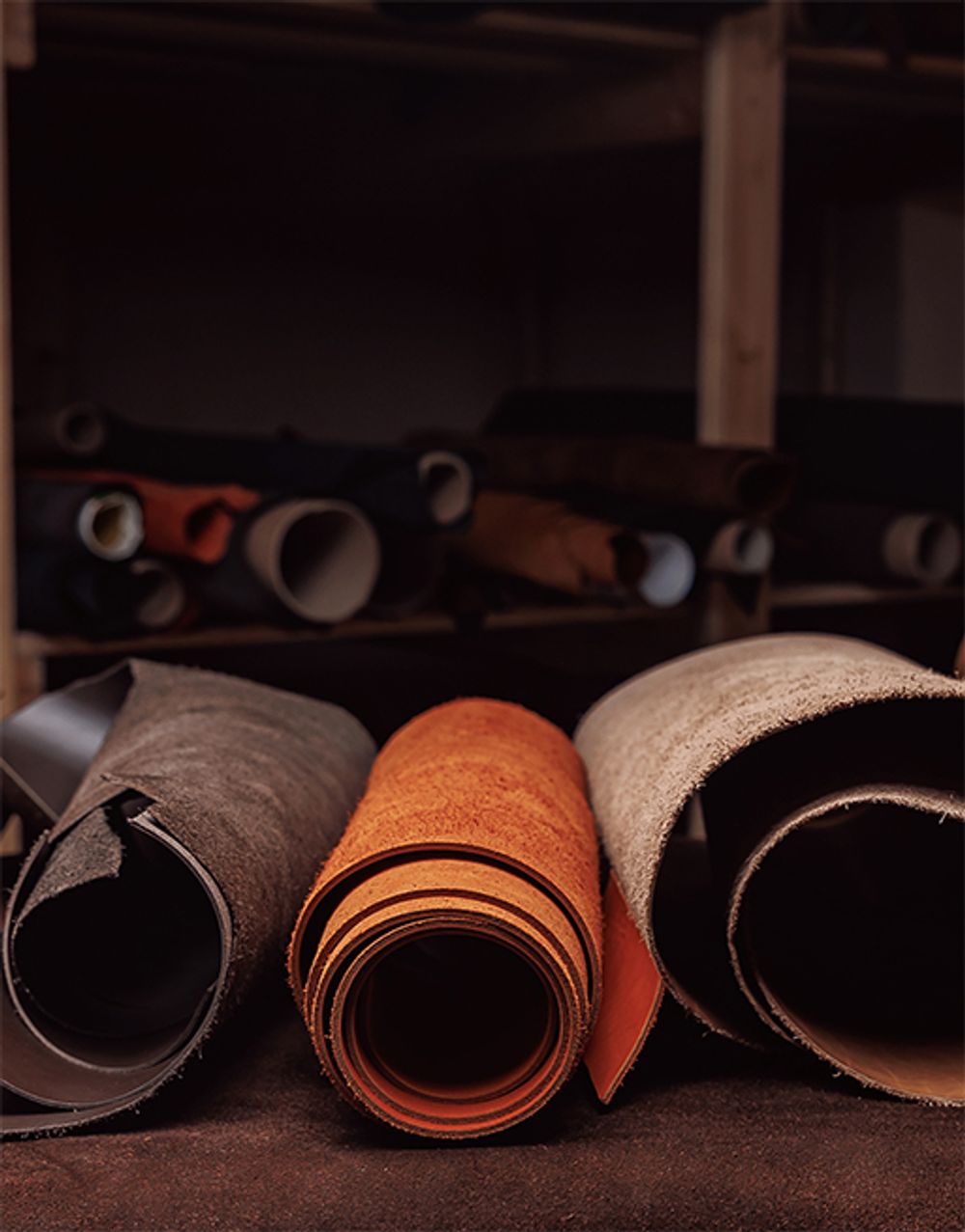 A range of different types of suede leather hides used in the making of Jasperosso’s men’s luxury sneakers.