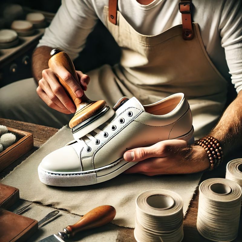 A shoemaker polishing a pair of women’s luxury sneakers.