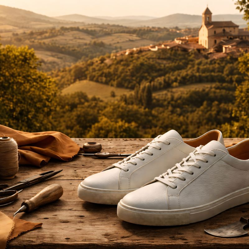 View of Le Marche, Italy with Jasperosso sneakers in foreground.