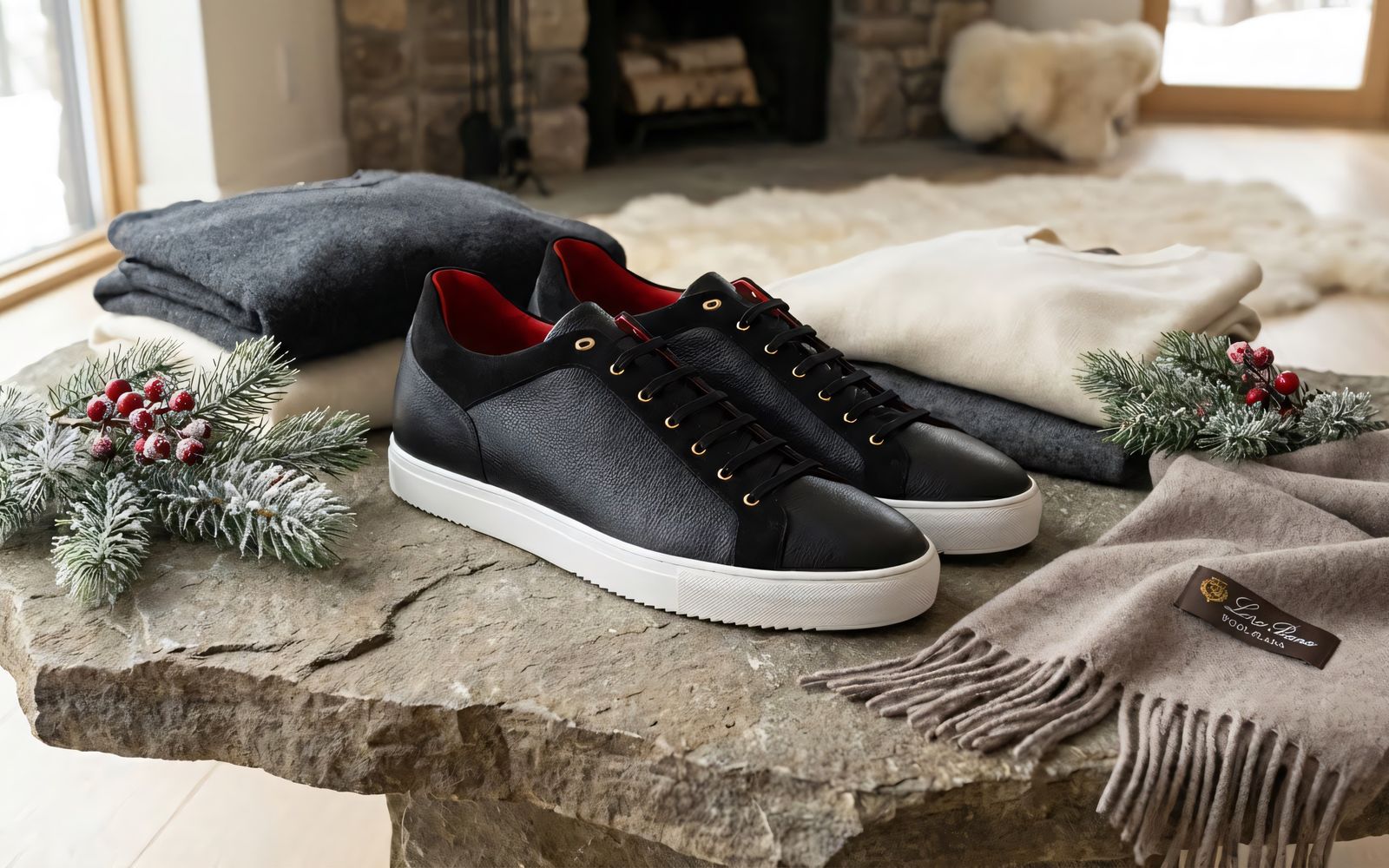 Jasperosso Ponzano sneakers in black pebble grained and black suede calf in Christmas setting in sitting room.