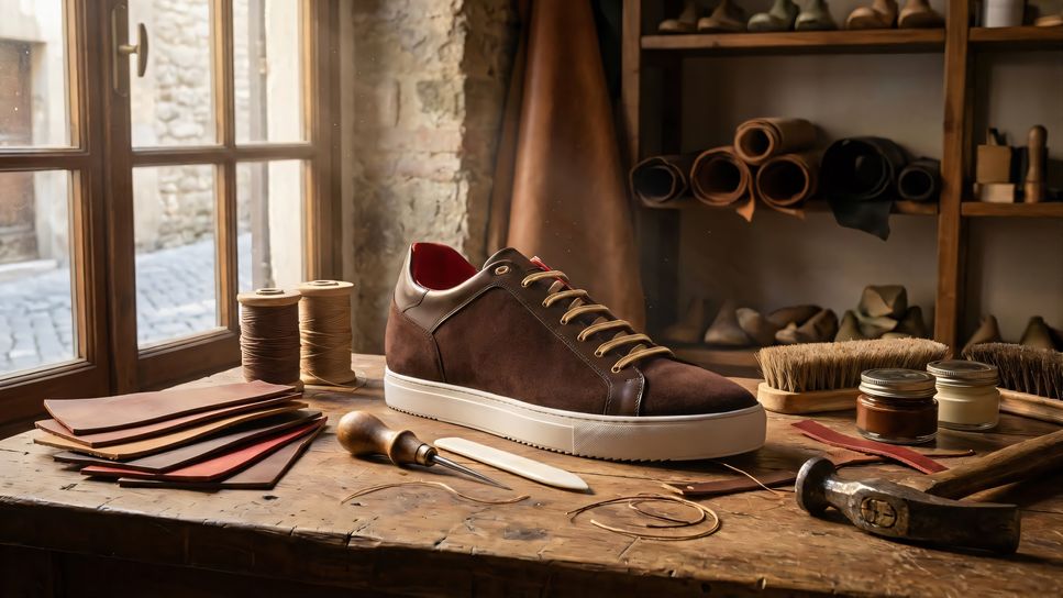 Jasperosso Ponzano sneaker in chocolate suede and brown calf leather in workshop setting.
