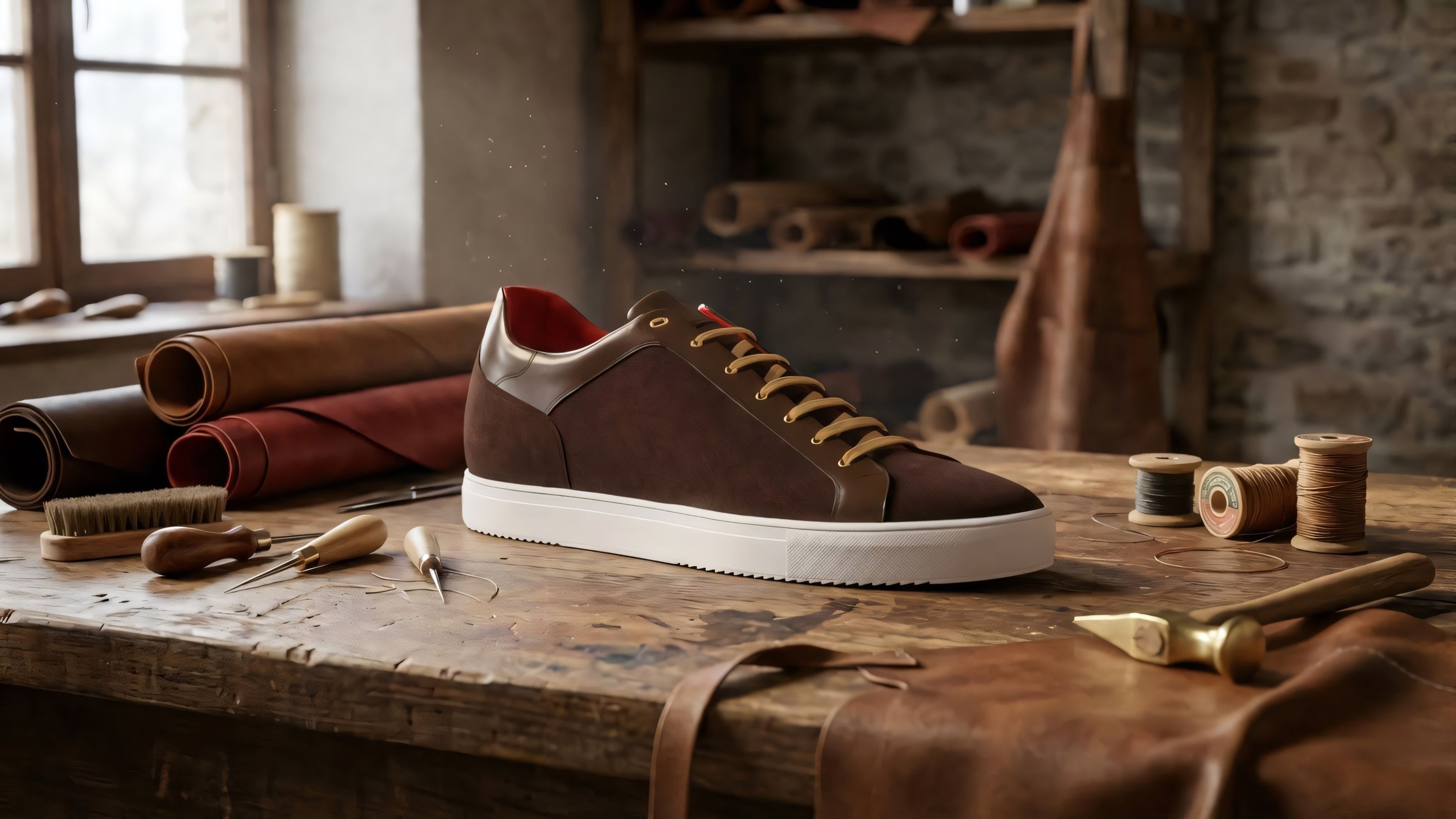 Jasperosso Ponzano sneaker in chocolate suede and brown Baltimora calf leather in workshop setting.