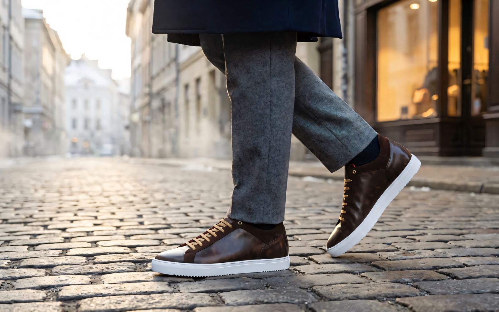 Model wearing Jasperosso Ponzano sneakers in burnished calf in winter street setting.