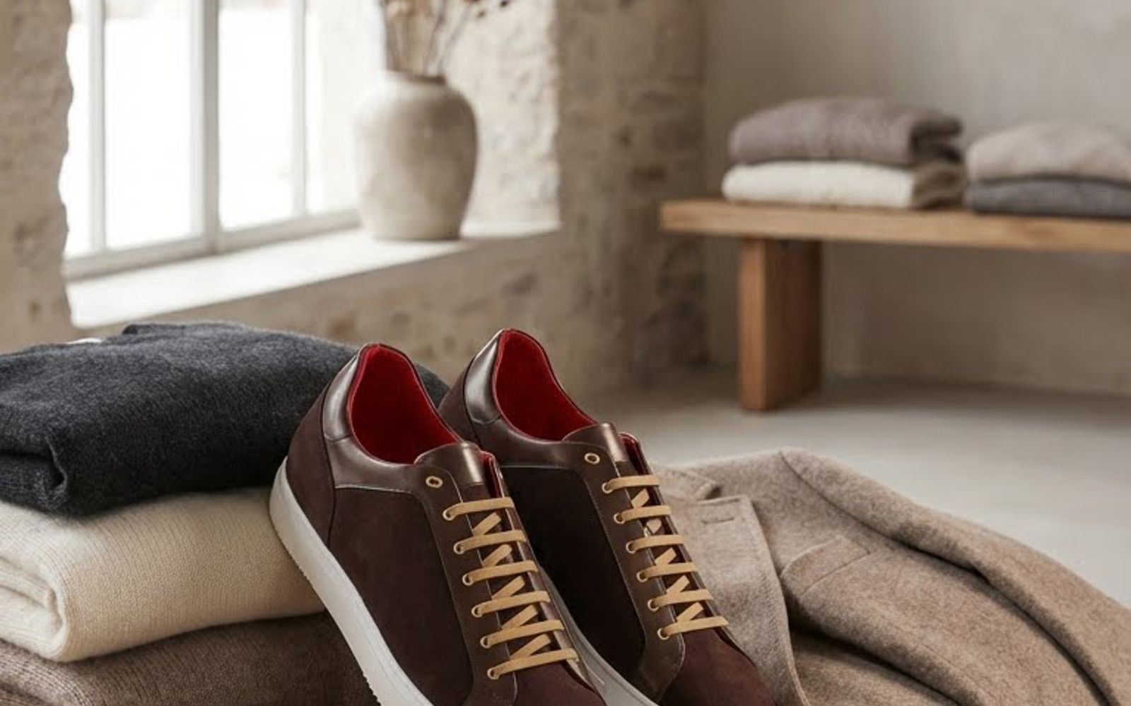 Jasperosso brown leather sneakers with wool sweaters