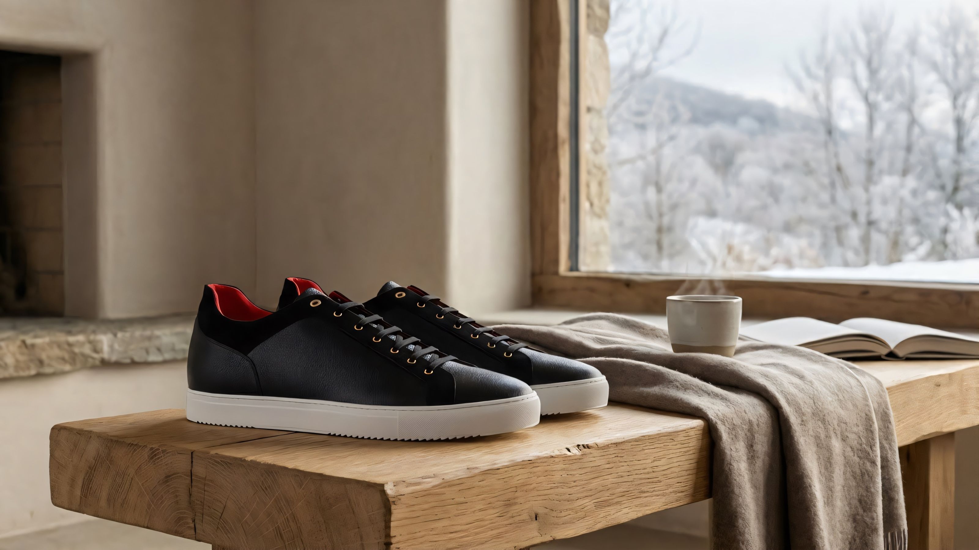 Jasperosso Ponzano sneaker in black pebble grained and suede calf in winter barn setting.
