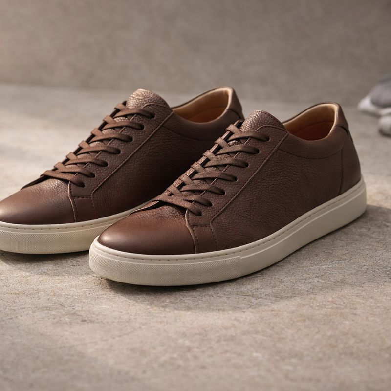 Jasperosso brown leather sneakers on display surface.