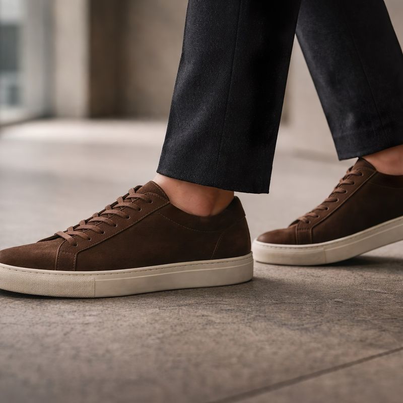 Brown leather Jasperosso sneakers on a model wearing a suit.