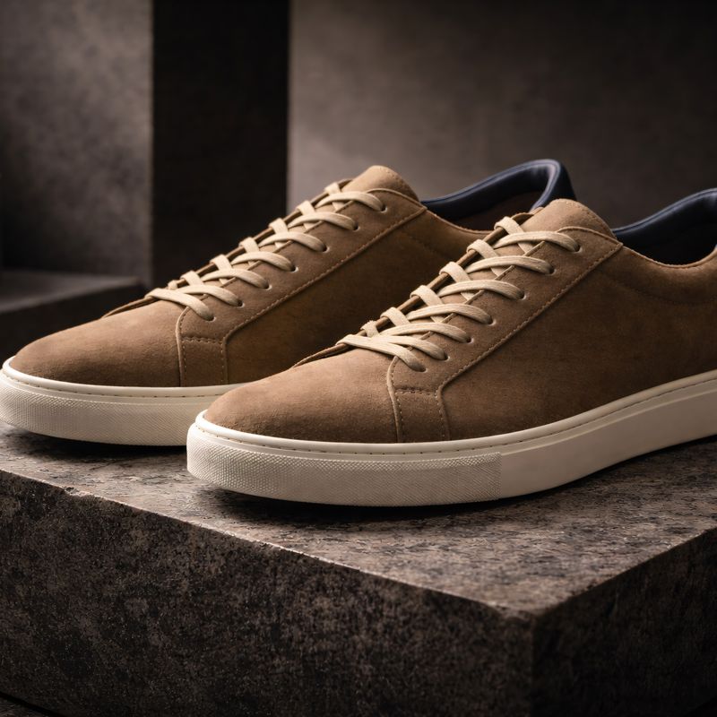 Jasperosso custom made sneakers in light brown leather with a navy blue rear section.