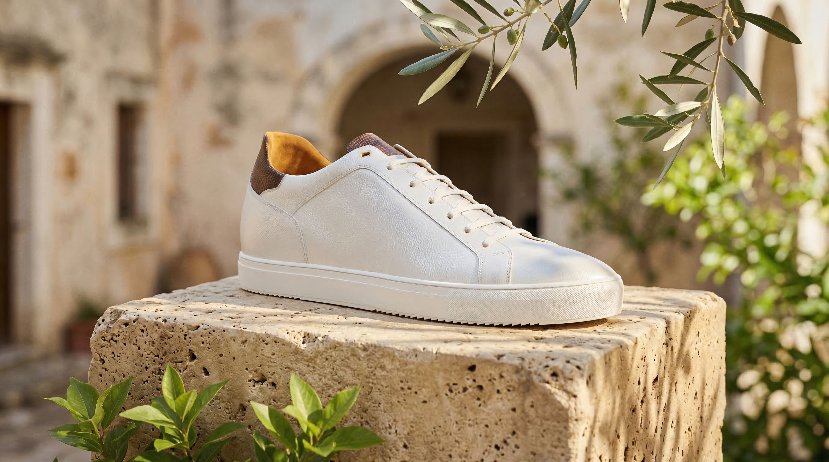 A white pebble grained calf leather Jasperosso sneaker in an Italian setting
