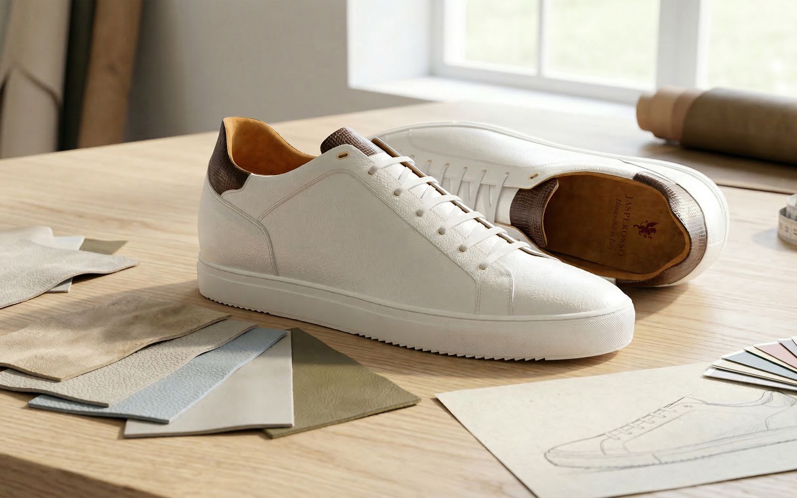 White Jasperosso leather custom made sneakers on table.