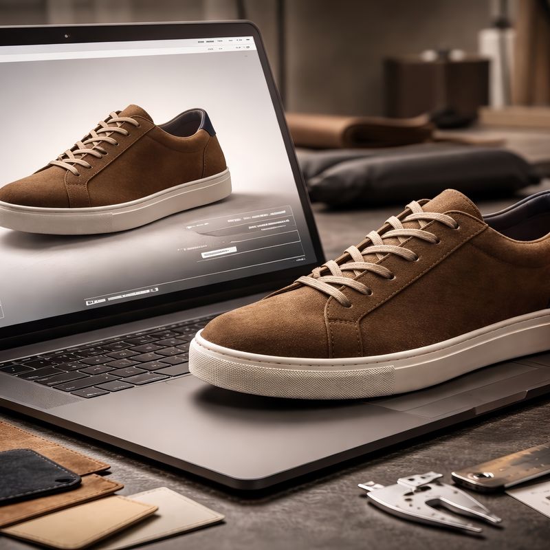 A Jasperosso brown leather sneaker in front of a laptop with the same design of sneaker on screen.