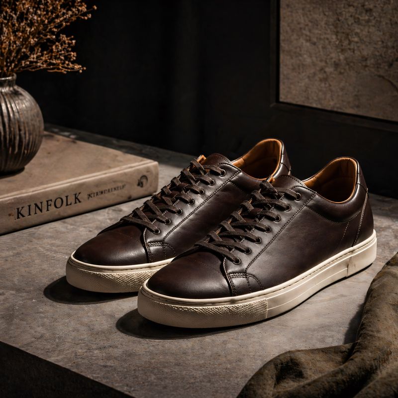 Dark brown calf leather mens luxury sneakers.