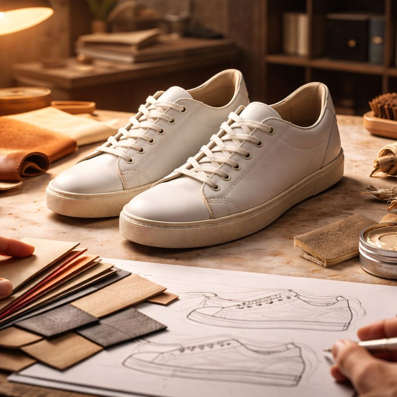 White leather Jasperosso designer sneakers in work shop settting.