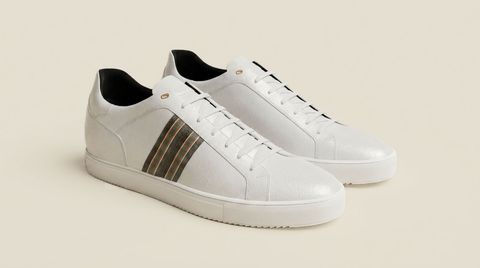 Recanati [M] in white pebble grained calf with canvas stripe detailing