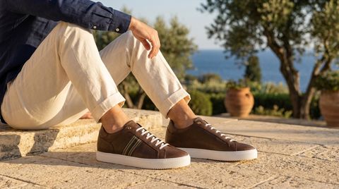 Recanati [M1] in chocolate pebble grained calf with canvas stripe detailing