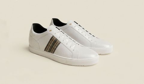 Recanati [M] in white pebble grained calf with canvas stripe detailing