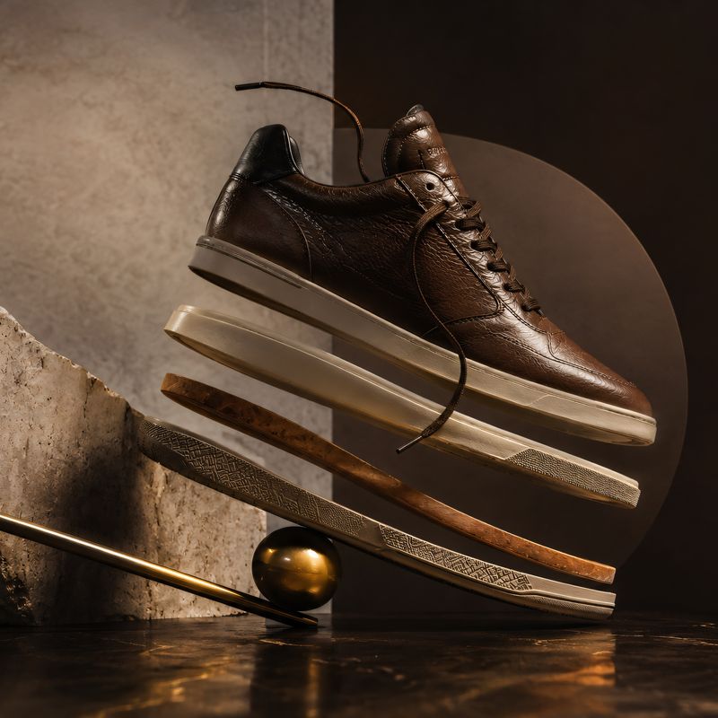 Walnut calf leather Jasperosso sneaker on display.
