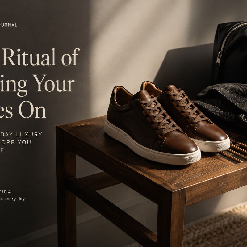 Dark brown leather Jasperosso sneakers with suitcase.