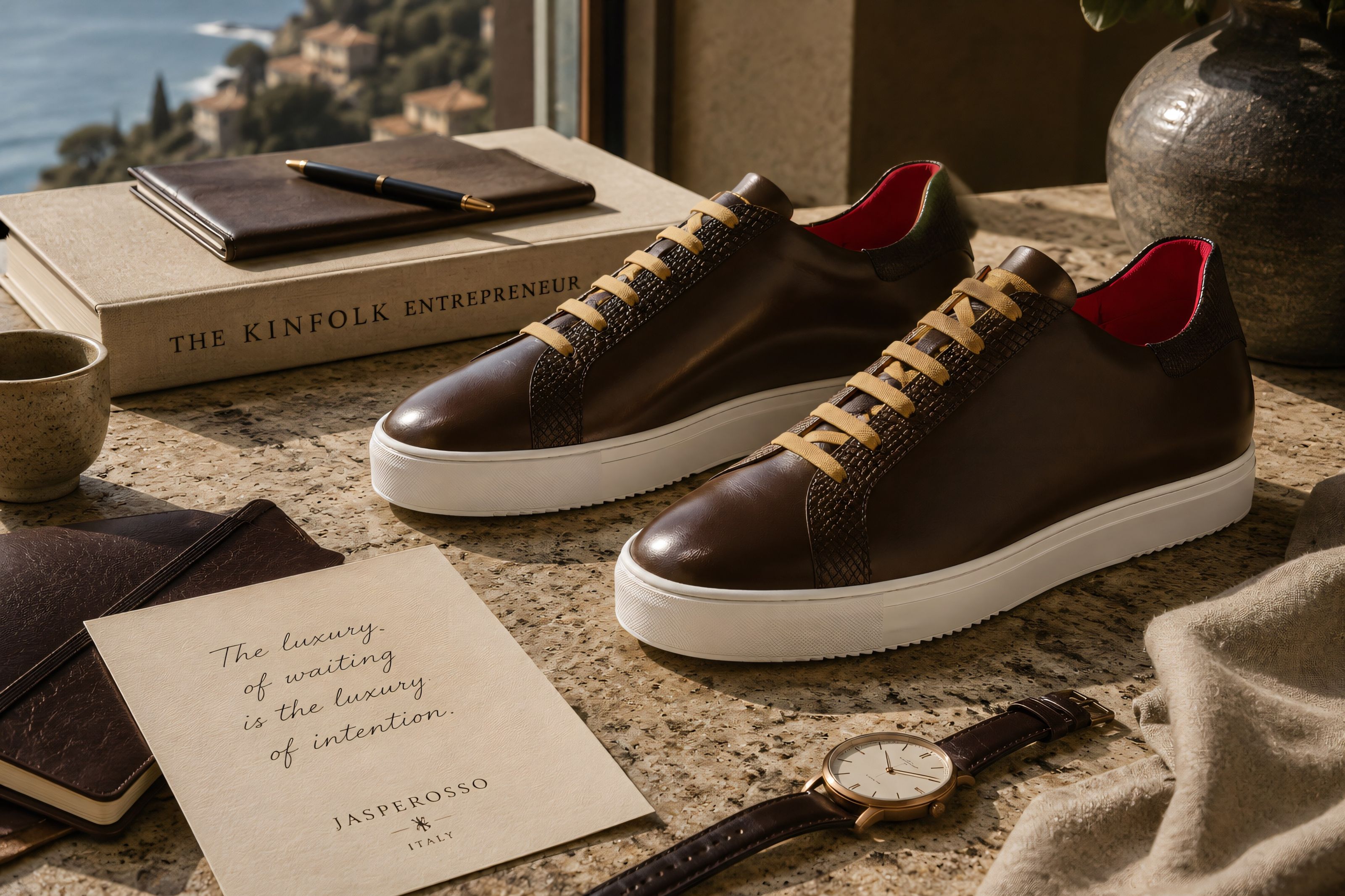 Jasperosso sneakers in chocolate calf leather on display with water view in background.