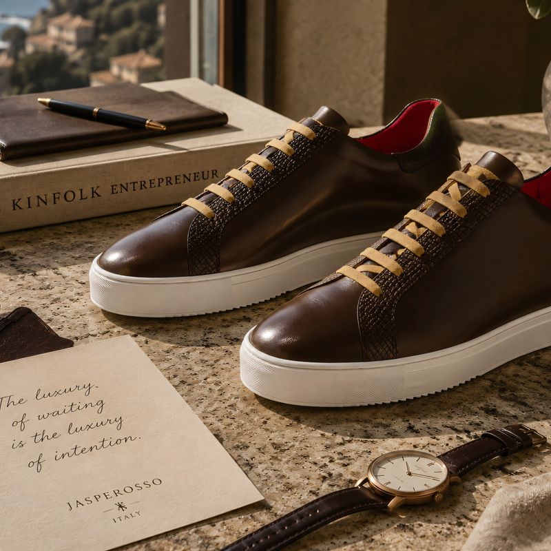 Jasperosso leather sneakers part of ‘the luxury of waiting’ journal entry.