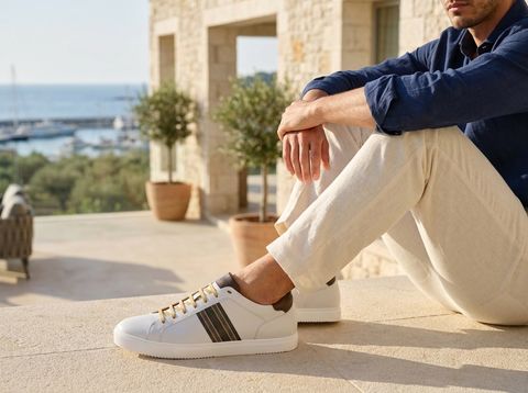 Recanati [M8] in white smooth Baltimora calf & chocolate pebble grained calf with canvas stripe detailing