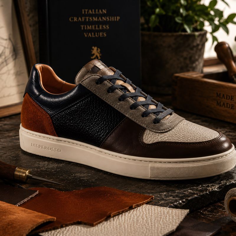 Jasperosso sneaker in various different coloured pebble grained leather.