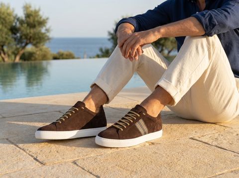 Recanati [M6] in chocolate suede with canvas stripe detailing