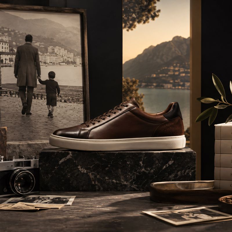 Brown leather Jasperosso sneaker on display with books and pictures etc.