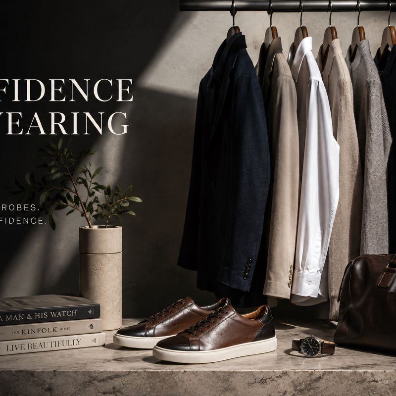 A pair of dark brown calf leather sneakers in setting with jackets and accessories.