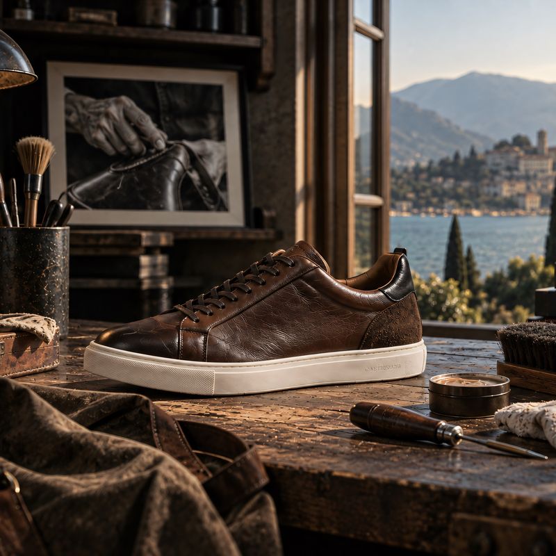 Jasperosso brown sneaker on display with water view in background