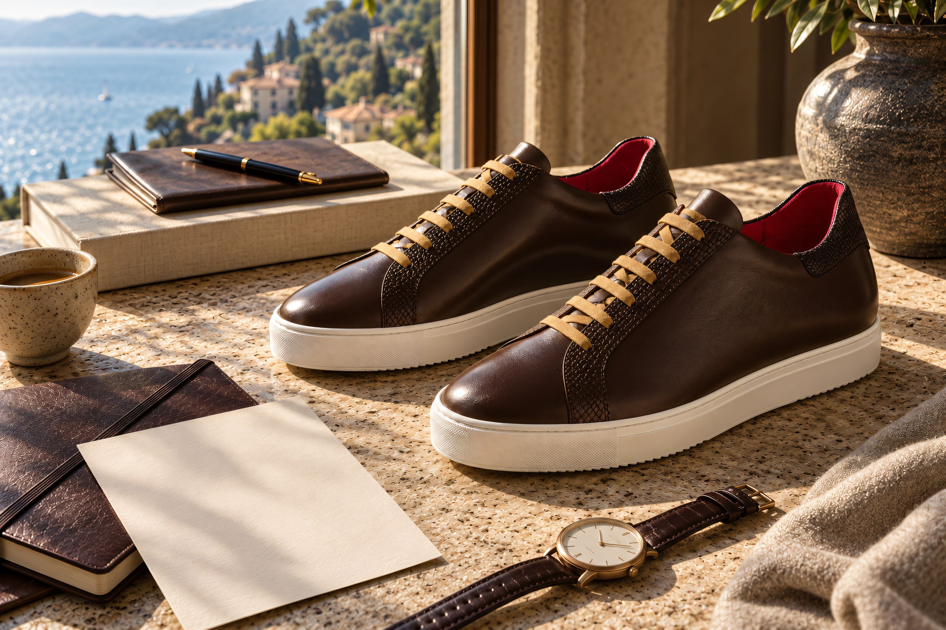 Jasperosso sneaker in chocolate smooth and exotic effect calf leather in Mediterranean setting.