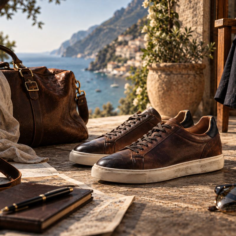 A Jasperosso pair of sneakers in chocolate smooth calf with case, and leather portfolio.