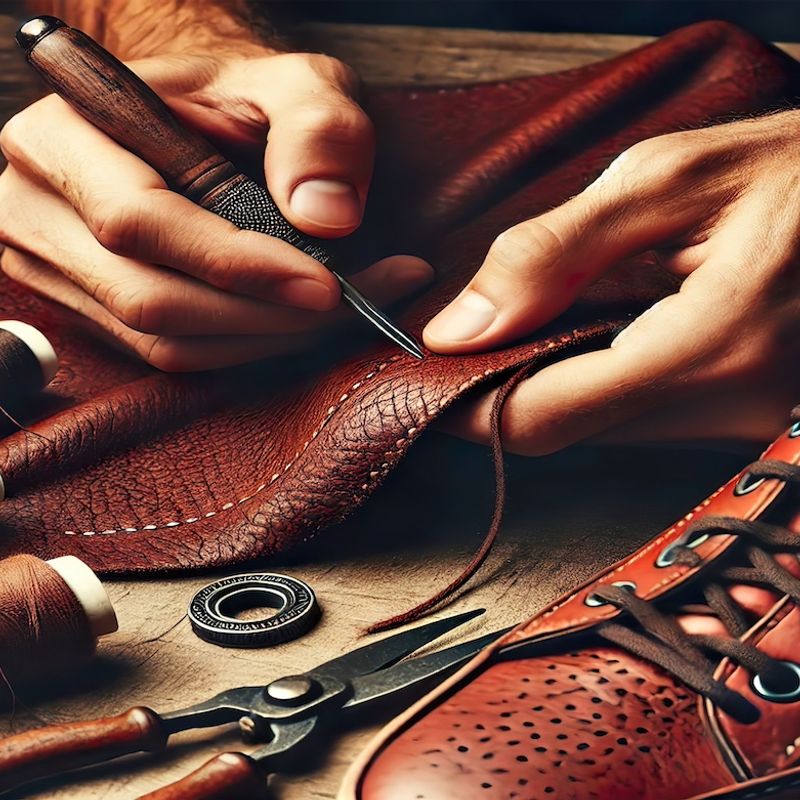 A shoemaker cutting a pattern in some calf leather for Jasperosso’s men’s luxury sneakers.