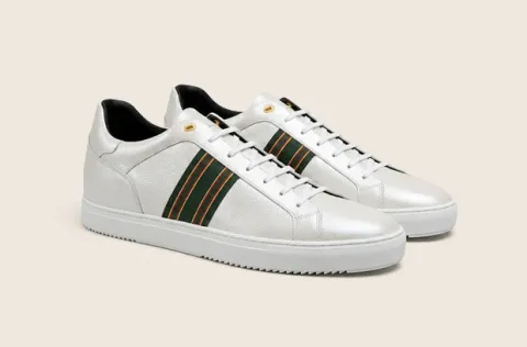 Recanati [M] in white pebble grained calf with canvas stripe detailing