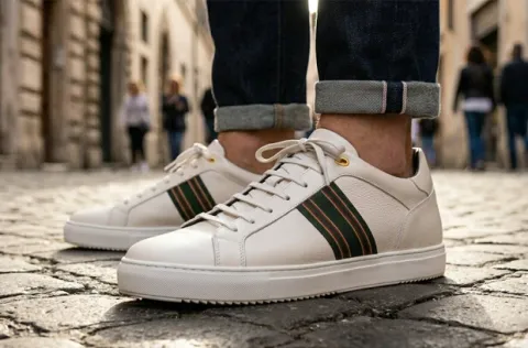 Recanati [M] in white pebble grained calf with canvas stripe detailing